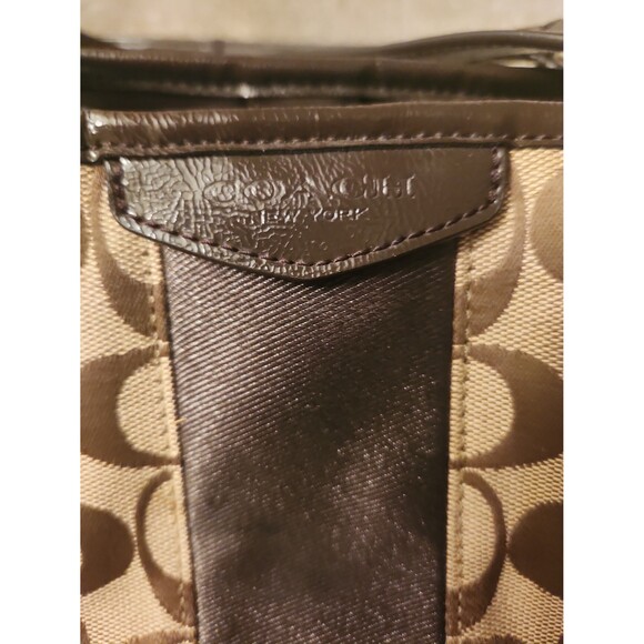 Coach Brown Jacquard Fabric Monogram Tote w/ Side Drawstrings & Leather Accents - Picture 2 of 11